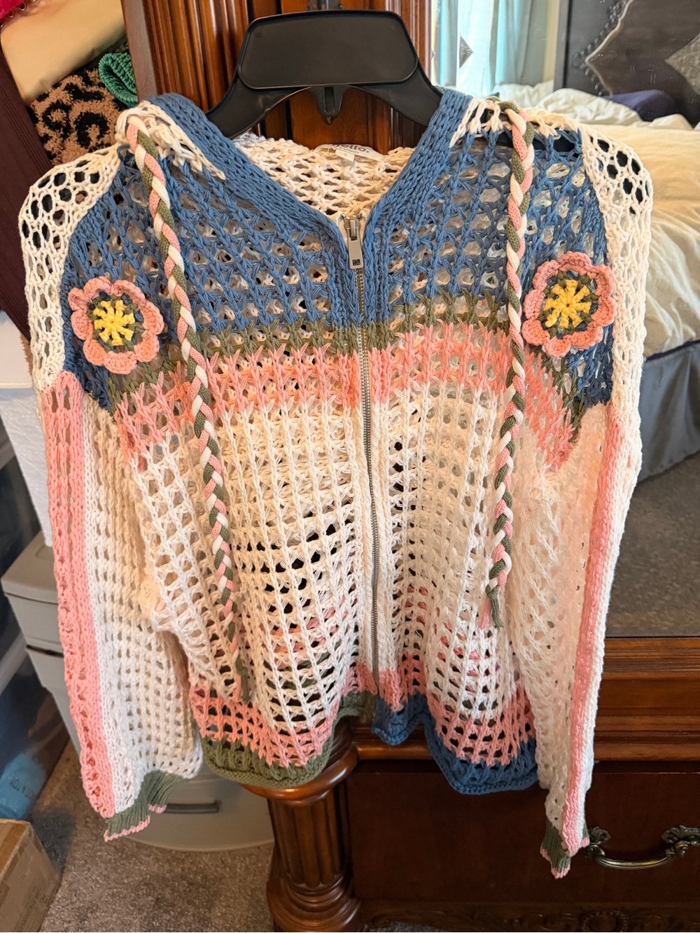 Crochet Hooded Zip Cardigan Sweater in White, Blue & Pink